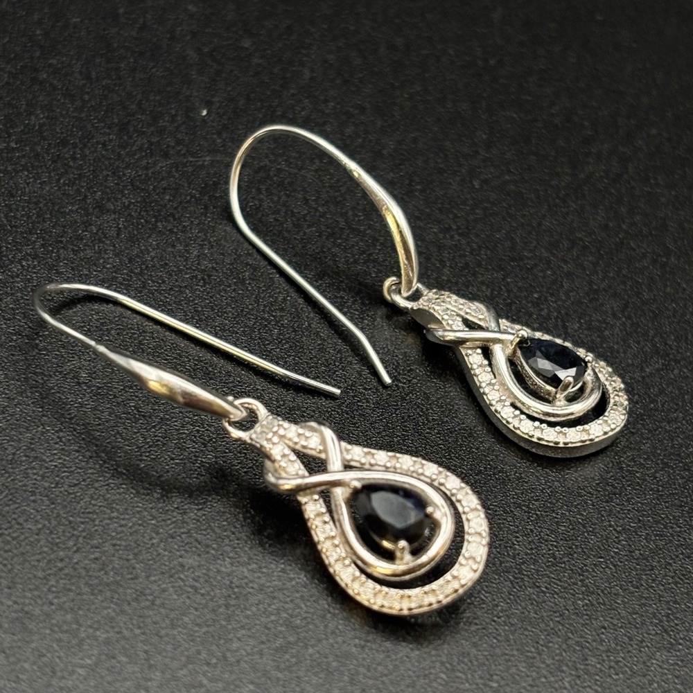 Sterling Silver Teardrop Earrings Black Gemstone Infinity Dangle Signed VJ 1.5"